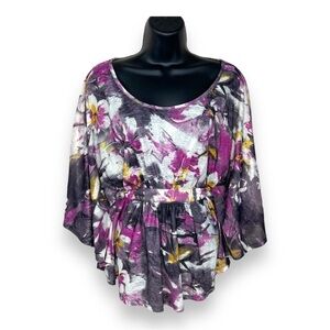 Small Daytrip Brand Floral Blouse Kimono Purple Tellow White Flowy Sleeve